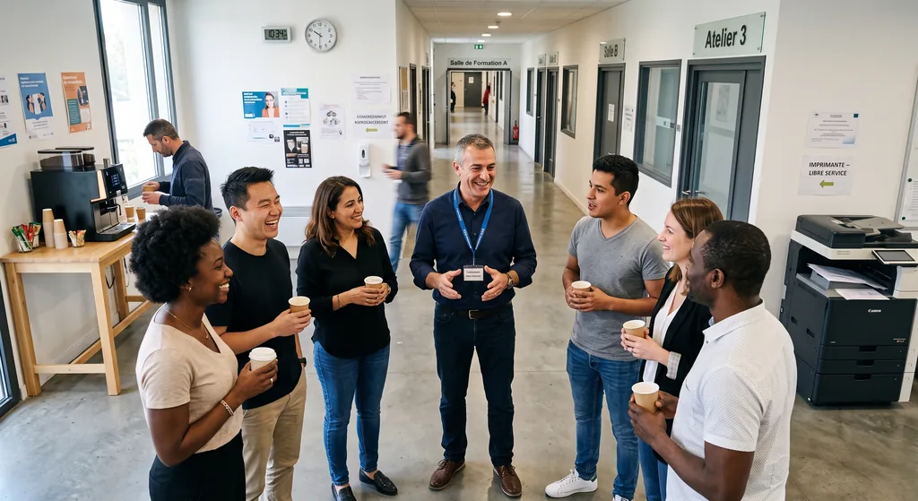 Vie du centre de formation Stagiaires et formateur échangeant lors d'une pause dans un centre MOVE UP FORMATION