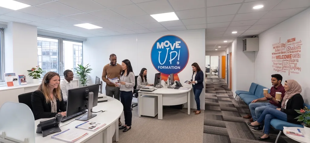 Espace d'accueil d'un centre MOVE UP FORMATION : conseillers et candidats de diverses origines devant un mur d'accueil multilingue