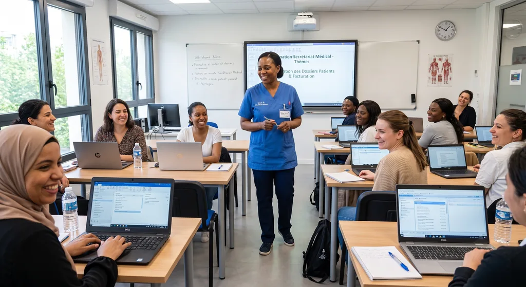 Formation secrétaire médicale Formation de secrétaire assistant médico-administratif : formatrice et stagiaires en salle équipée