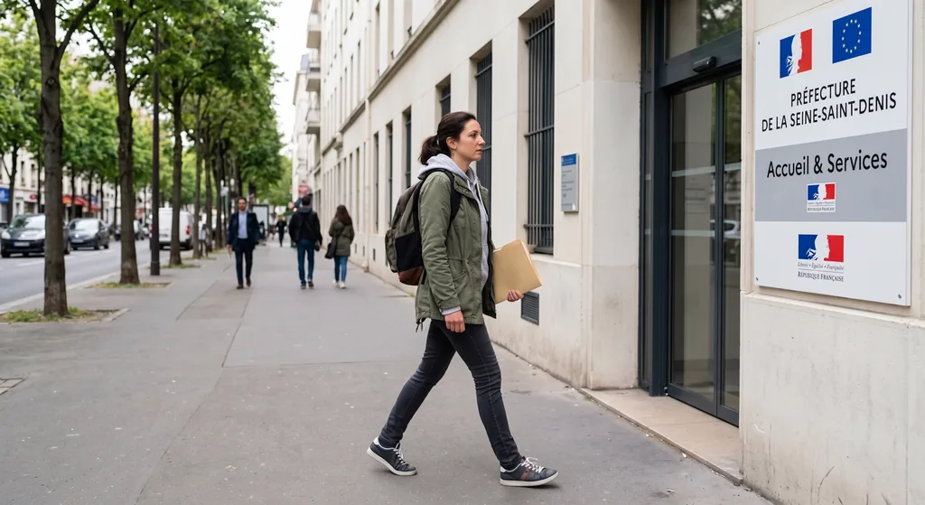Candidate se rendant à la préfecture pour une démarche de naturalisation, dossier en main