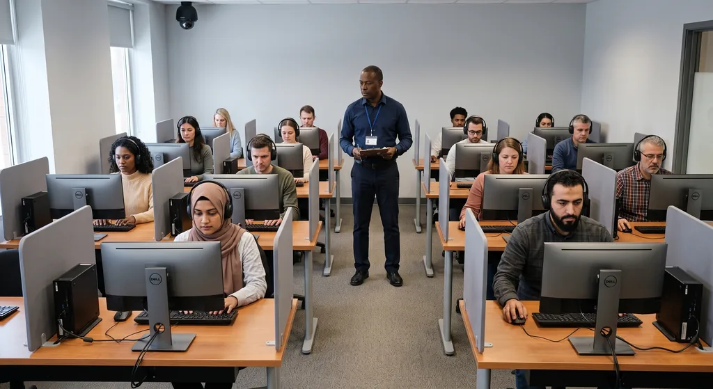Salle d'examen TCF / TEF Salle d'examen équipée d'ordinateurs pour le passage du TCF et du TEF, sous surveillance